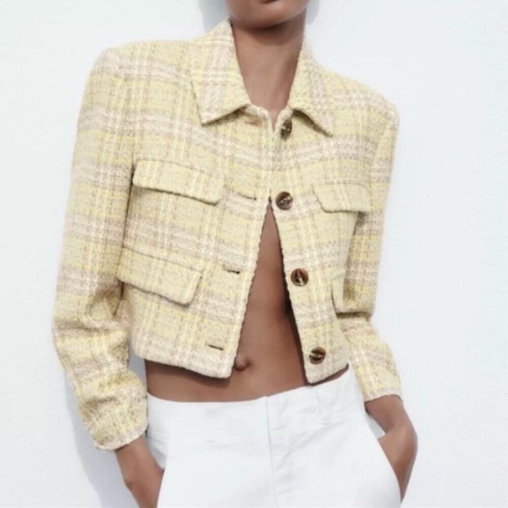 Gorgeous Zara cropped blazer TAN/yellow/white. SIZE L